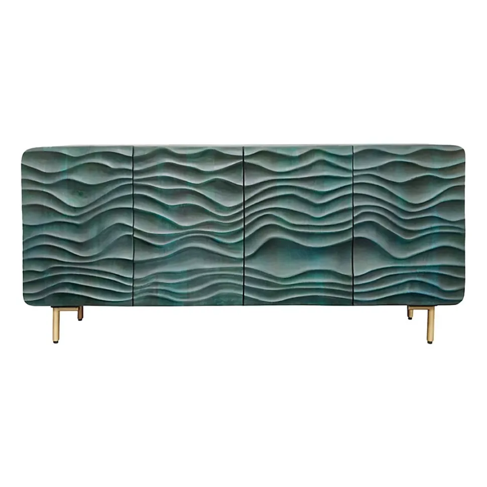 Buffet ONDARA 160 cm Bois Massif Vert Sculpté Pieds Dorés Design Contemporain