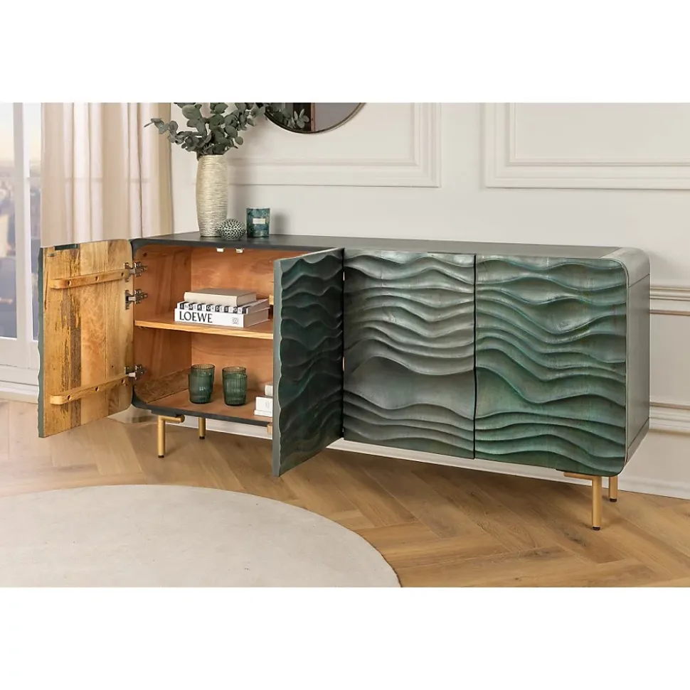 Buffet ONDARA 160 cm Bois Massif Vert Sculpté Pieds Dorés Design Contemporain