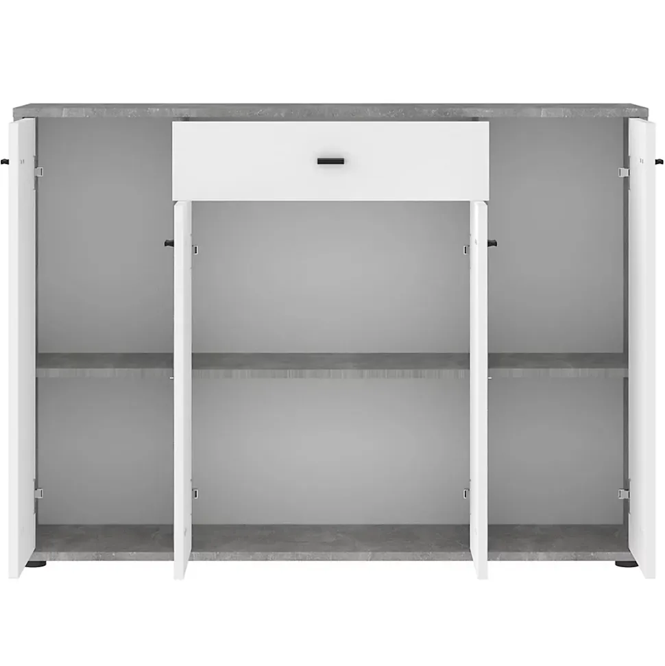 Buffet RAVODA 4 portes 1 tiroir, 117x85x30 cm, Meuble de Rangement avec Étagères et Tiroir pour Salon ou Salle à manger, Blanc