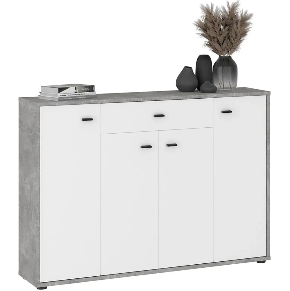 Buffet RAVODA 4 portes 1 tiroir, 117x85x30 cm, Meuble de Rangement avec Étagères et Tiroir pour Salon ou Salle à manger, Blanc