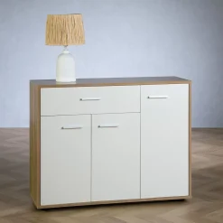 Buffet salle à manger CORALINE L 88 cm en bois massif blanc et chêne sonoma avec 1 tiroir et 3 portes
