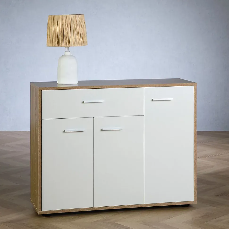 Buffet salle à manger CORALINE L 88 cm en bois massif blanc et chêne sonoma avec 1 tiroir et 3 portes