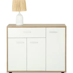 Buffet salle à manger CORALINE L 88 cm en bois massif blanc et chêne sonoma avec 1 tiroir et 3 portes