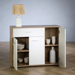 Buffet salle à manger CORALINE L 88 cm en bois massif blanc et chêne sonoma avec 1 tiroir et 3 portes