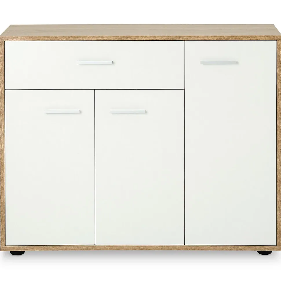 Buffet salle à manger CORALINE L 88 cm en bois massif blanc et chêne sonoma avec 1 tiroir et 3 portes