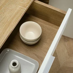 Buffet salle à manger CORALINE L 88 cm en bois massif blanc et chêne sonoma avec 1 tiroir et 3 portes