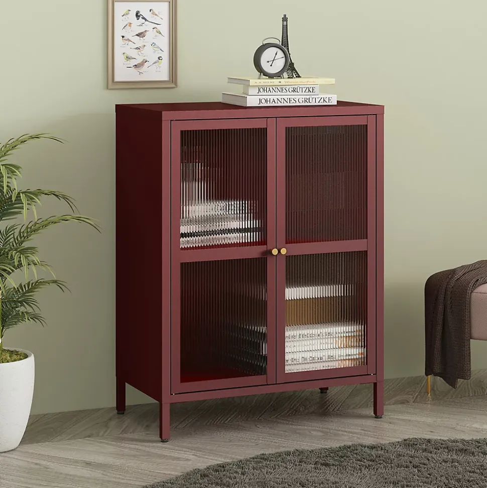 Buffet Säkylä acier verre ondulé 84 x 64 x 35 cm rouge bordeaux en.casa