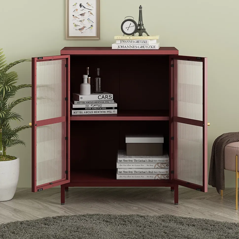 Buffet Säkylä acier verre ondulé 84 x 64 x 35 cm rouge bordeaux en.casa