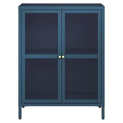 Buffet Säkylä acier verre ondulé 84 x 64 x 35 cm bleu marine en.casa