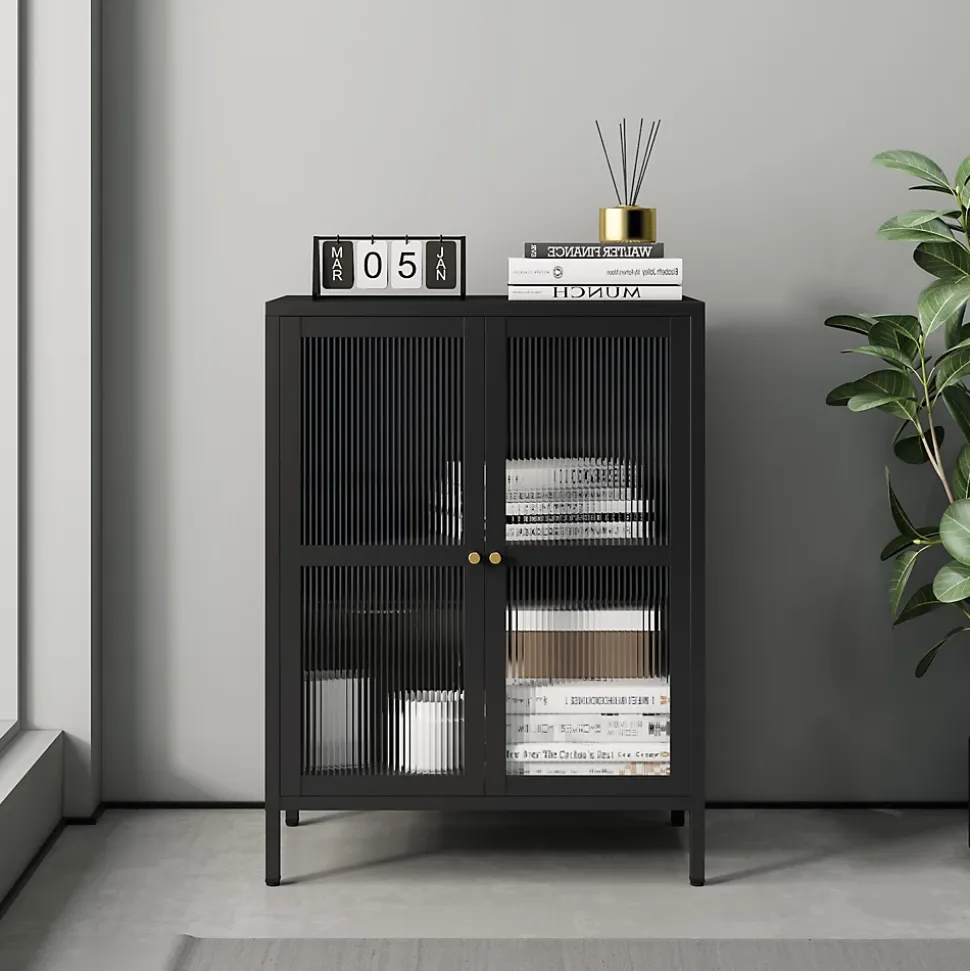 Buffet Säkylä acier verre ondulé 84 x 64 x 35 cm noir en.casa