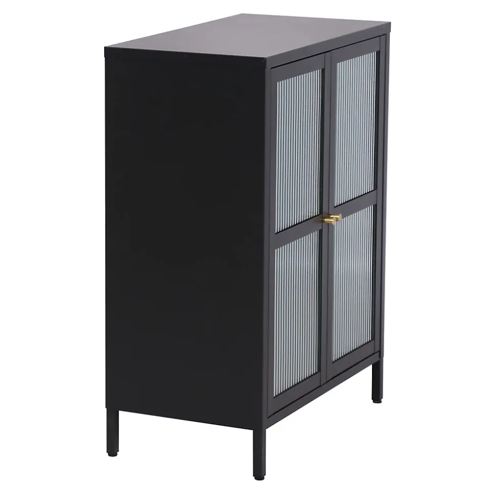 Buffet Säkylä acier verre ondulé 84 x 64 x 35 cm noir en.casa