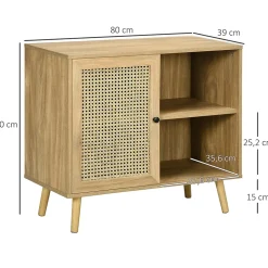 Buffet style bohème - 1 porte, étagère, 2 niches - piètement bois panneaux aspect bois manguier rotin