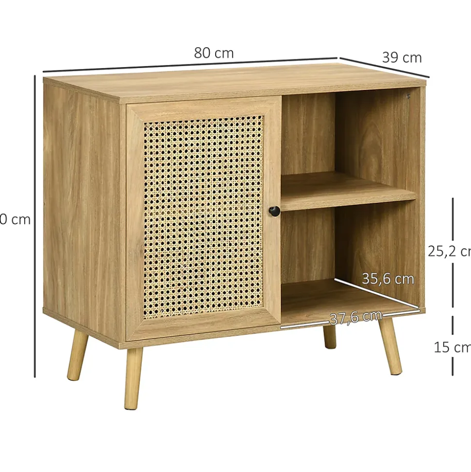 Buffet style bohème - 1 porte, étagère, 2 niches - piètement bois panneaux aspect bois manguier rotin
