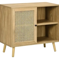 Buffet style bohème - 1 porte, étagère, 2 niches - piètement bois panneaux aspect bois manguier rotin