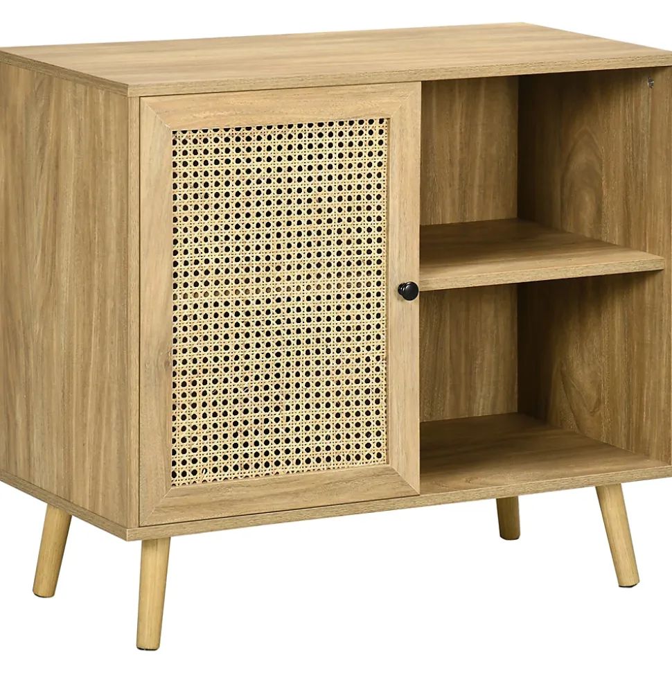 Buffet style bohème - 1 porte, étagère, 2 niches - piètement bois panneaux aspect bois manguier rotin