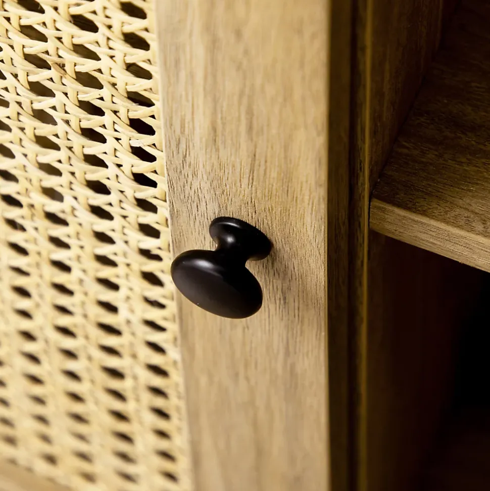 Buffet style bohème - 1 porte, étagère, 2 niches - piètement bois panneaux aspect bois manguier rotin