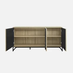 Buffet style contemporain avec 3 portes effet bois rainuré ouverture par pression. buffet bas. piètement en métal noir L160cm