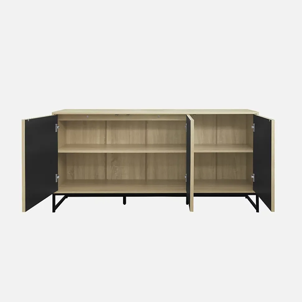 Buffet style contemporain avec 3 portes effet bois rainuré ouverture par pression. buffet bas. piètement en métal noir L160cm