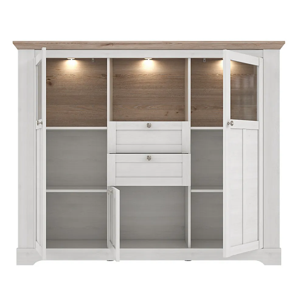 Buffet vitrine 3 portes 2 tiroirs + LED décor chêne blanchi - ANGELE