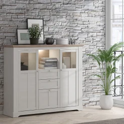 Buffet vitrine 3 portes 2 tiroirs + LED décor chêne blanchi - ANGELE