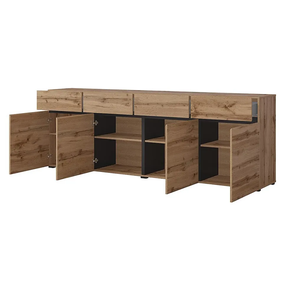Buffet XL coloris chene et noir 225cm collection HAVANA. Bahut design avec 4 portes et 4 tiroirs.