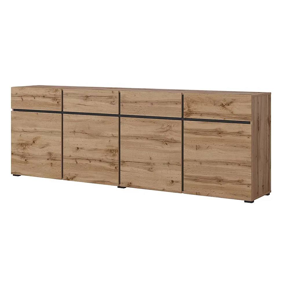 Buffet XL coloris chene et noir 225cm collection HAVANA. Bahut design avec 4 portes et 4 tiroirs.