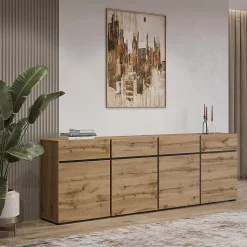 Buffet XL coloris chene et noir 225cm collection HAVANA. Bahut design avec 4 portes et 4 tiroirs.