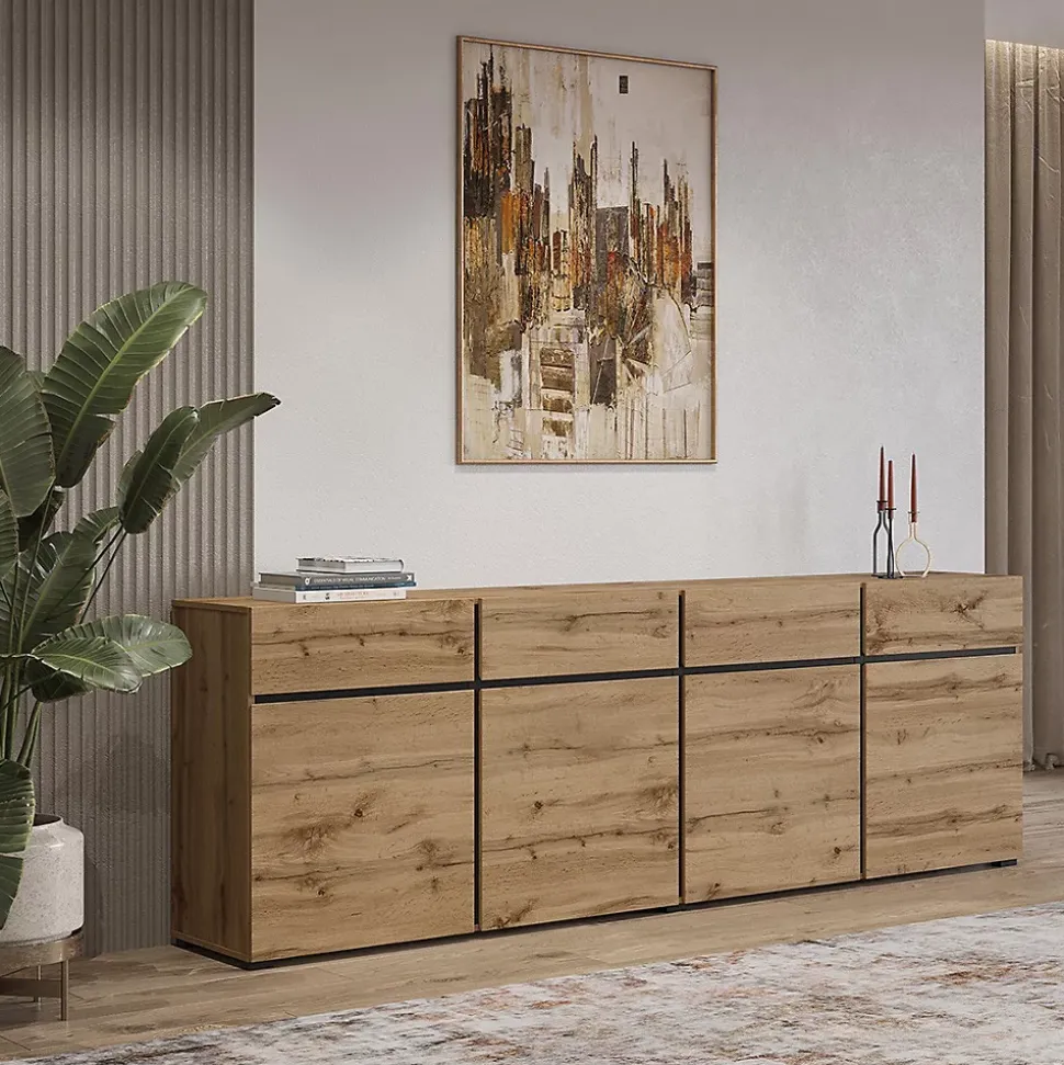 Buffet XL coloris chene et noir 225cm collection HAVANA. Bahut design avec 4 portes et 4 tiroirs.