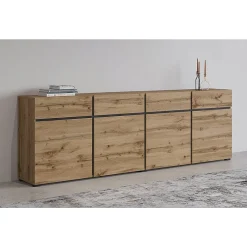 Buffet XL coloris chene et noir 225cm collection HAVANA. Bahut design avec 4 portes et 4 tiroirs.