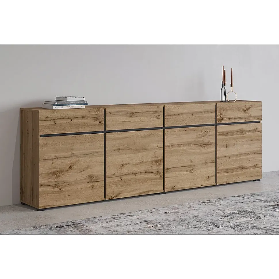 Buffet XL coloris chene et noir 225cm collection HAVANA. Bahut design avec 4 portes et 4 tiroirs.
