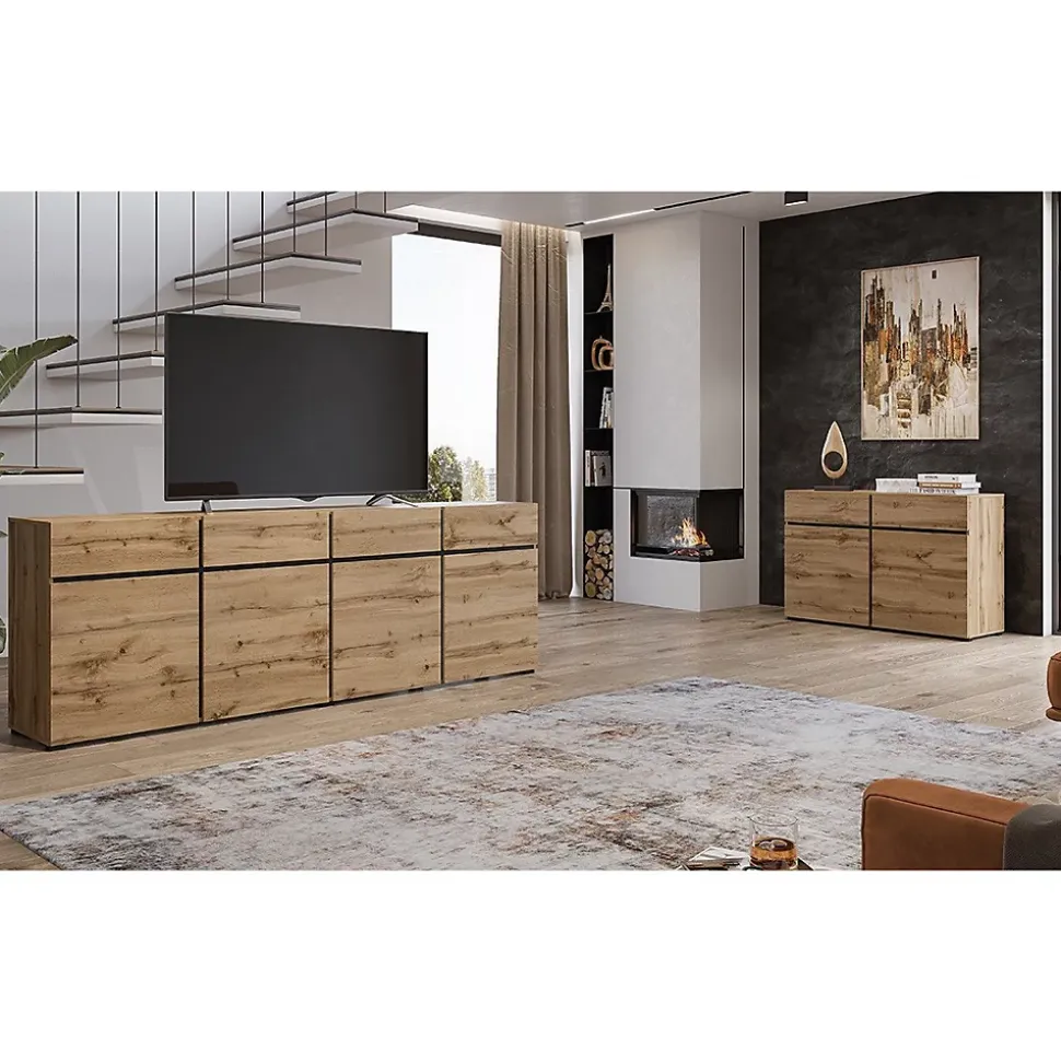 Buffet XL coloris chene et noir 225cm collection HAVANA. Bahut design avec 4 portes et 4 tiroirs.