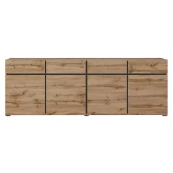 Buffet XL coloris chene et noir 225cm collection HAVANA. Bahut design avec 4 portes et 4 tiroirs.