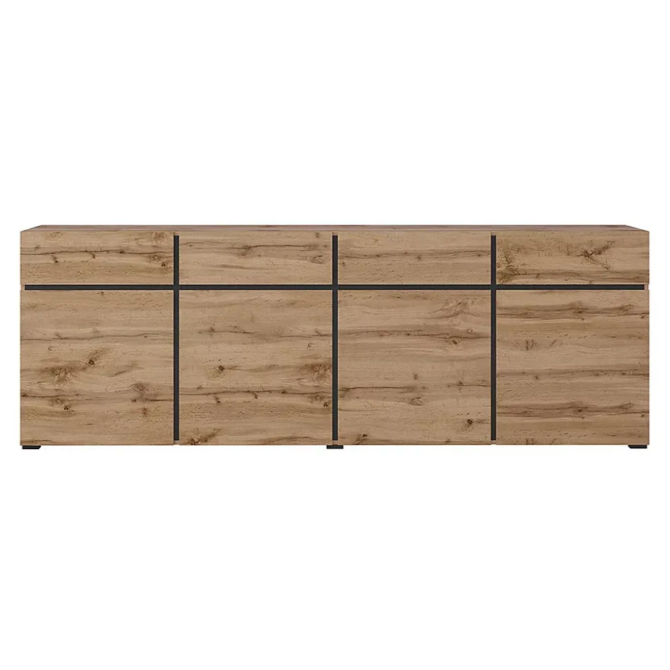Buffet XL coloris chene et noir 225cm collection HAVANA. Bahut design avec 4 portes et 4 tiroirs.
