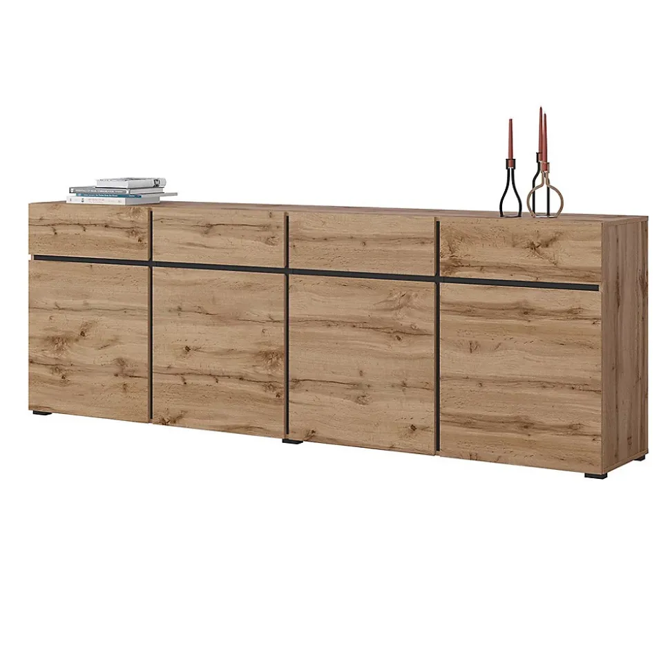 Buffet XL coloris chene et noir 225cm collection HAVANA. Bahut design avec 4 portes et 4 tiroirs.
