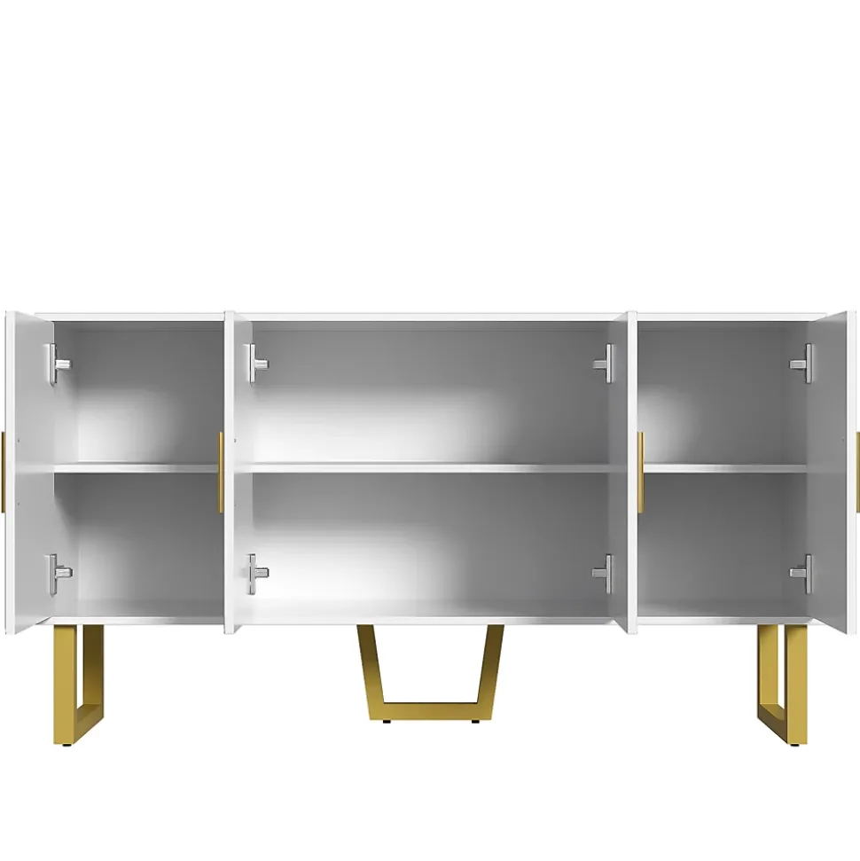 Buffet 150x40x82cm - Armoire avec 4 portes texturées brillantes et poignées dorées, étagères réglables en hauteur - Blanc