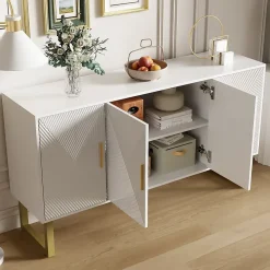 Buffet 150x40x82cm - Armoire avec 4 portes texturées brillantes et poignées dorées, étagères réglables en hauteur - Blanc