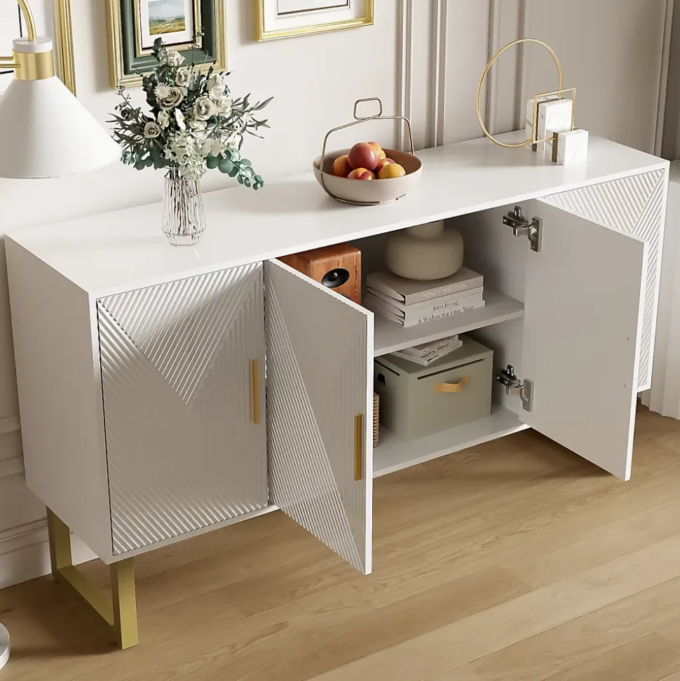 Buffet 150x40x82cm - Armoire avec 4 portes texturées brillantes et poignées dorées, étagères réglables en hauteur - Blanc