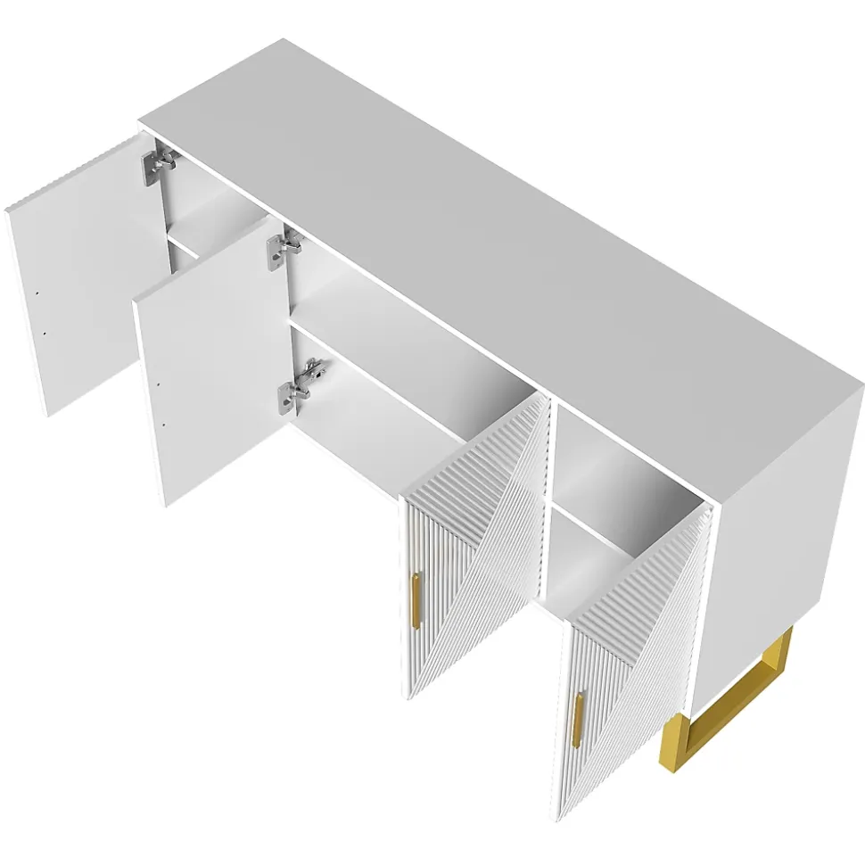 Buffet 150x40x82cm - Armoire avec 4 portes texturées brillantes et poignées dorées, étagères réglables en hauteur - Blanc