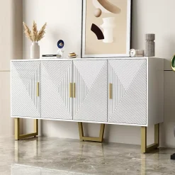Buffet 150x40x82cm - Armoire avec 4 portes texturées brillantes et poignées dorées, étagères réglables en hauteur - Blanc