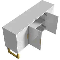Buffet 150x40x82cm - Armoire avec 4 portes texturées brillantes et poignées dorées, étagères réglables en hauteur - Blanc