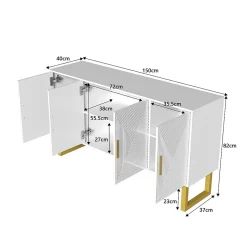 Buffet 150x40x82cm - Armoire avec 4 portes texturées brillantes et poignées dorées, étagères réglables en hauteur - Blanc