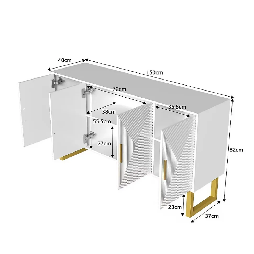 Buffet 150x40x82cm - Armoire avec 4 portes texturées brillantes et poignées dorées, étagères réglables en hauteur - Blanc