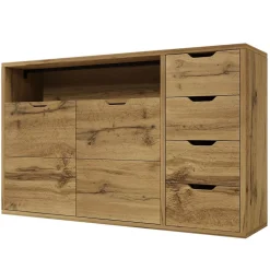 Buffet 150x40x90cm - avec 2 portes et 4 tiroirs - avec compartiments ouverts - extérieur en chêne - couleur chêne