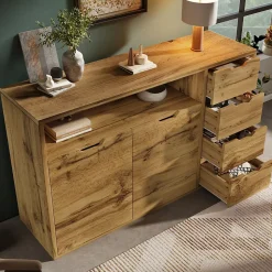 Buffet 150x40x90cm - avec 2 portes et 4 tiroirs - avec compartiments ouverts - extérieur en chêne - couleur chêne