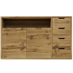 Buffet 150x40x90cm - avec 2 portes et 4 tiroirs - avec compartiments ouverts - extérieur en chêne - couleur chêne