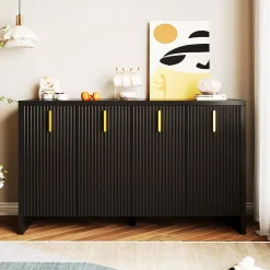 Buffet 140x80x38cm, avec 4 portes, poignées dorées et séparateurs réglables, design élégant, panneaux de particules, noir