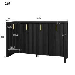 Buffet 140x80x38cm, avec 4 portes, poignées dorées et séparateurs réglables, design élégant, panneaux de particules, noir