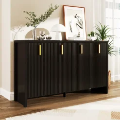 Buffet 140x80x38cm, avec 4 portes, poignées dorées et séparateurs réglables, design élégant, panneaux de particules, noir