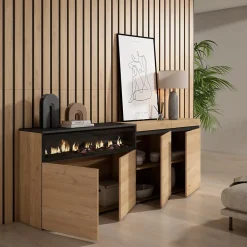Buffet 200x35x75cm feu led sans chaleur couleur chêne et noir