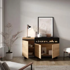Buffet 150x35x87cm feu led sans chaleur couleur chêne et noir